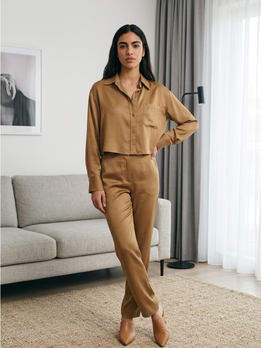 Women's Tan Satin Button TWP shirt NEVER WORN!!!! Brand new paid full price